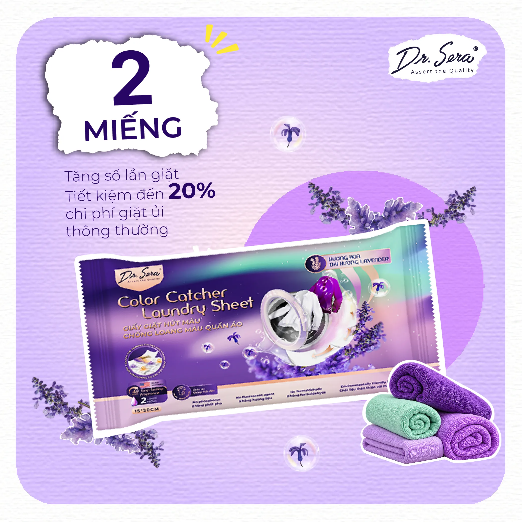 Giấy giặt hút màu, chống loang màu quần áo hương oải hương Dr.Sera Color Catcher Laundry Sheet Lavender 8 Giấy giặt hút màu Dr.Sera gói nhỏ tiện lợi 2 miếng hương oải hương, dễ mang theo