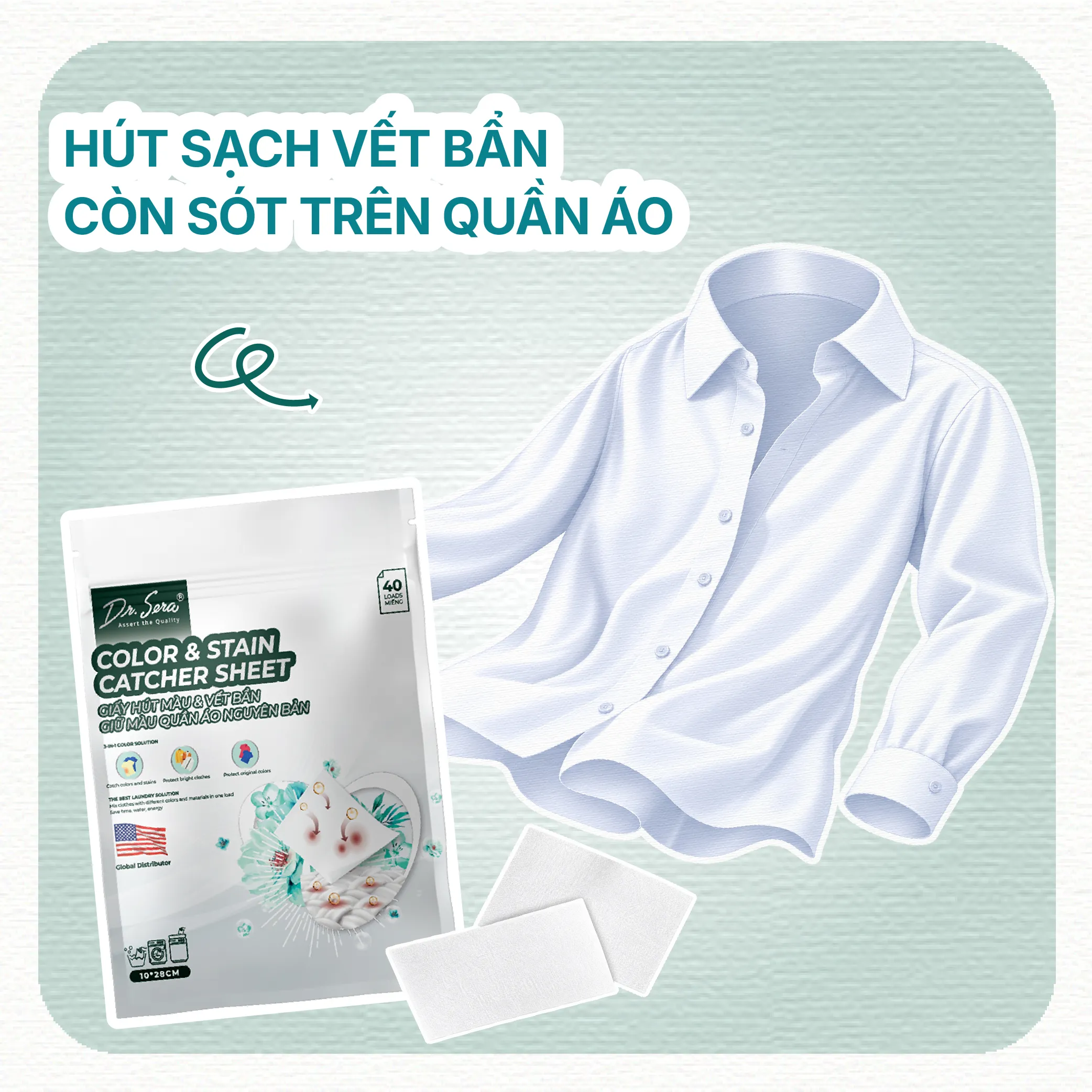 Giấy hút màu và vết bẩn, giữ màu quần áo nguyên bản Dr.Sera Color and Stain Catcher Sheet 7 Giấy hút màu và vết bẩn Dr.Sera hút sạch vết bẩn còn sót trên áo sơ mi trắng
